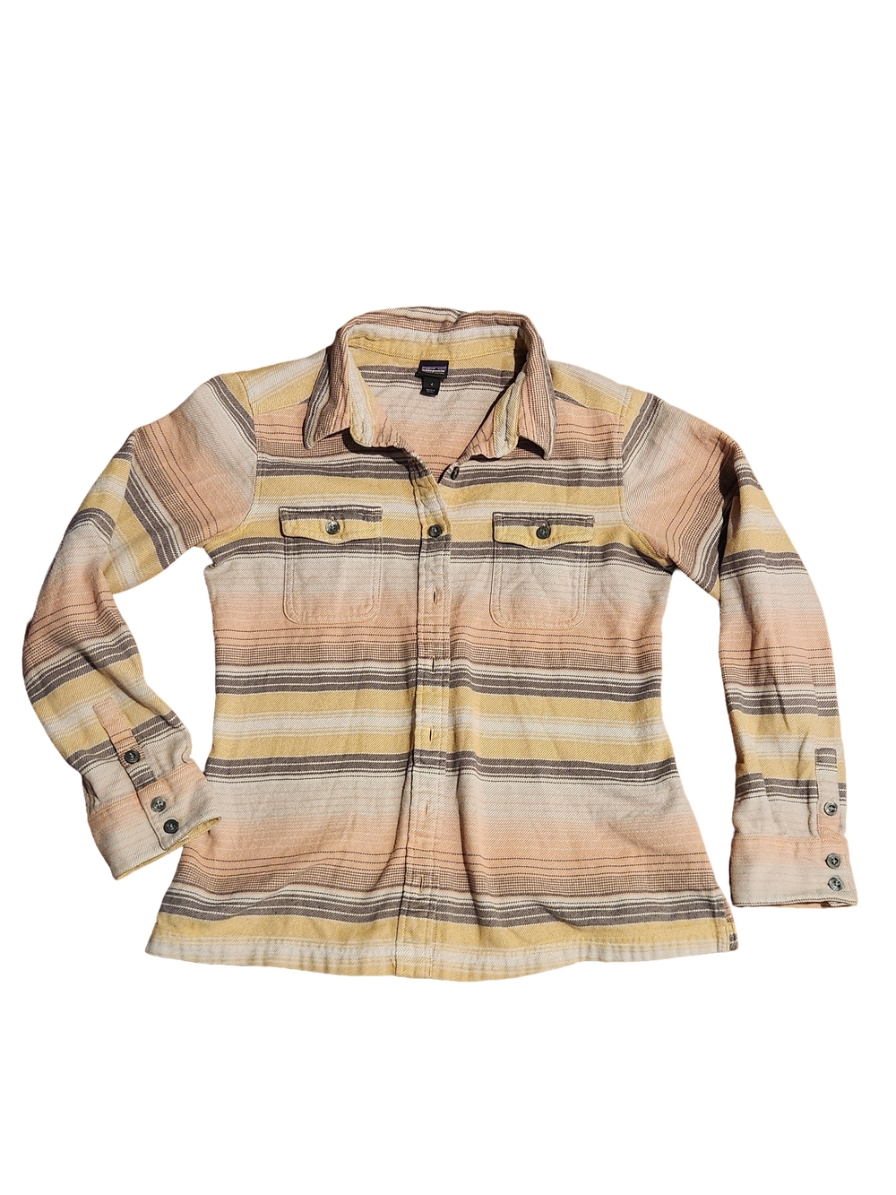 Patagonia Fjord Flannel Shirt Blanket Stripe Peach Pink Tan Cotton Women's 4 - Picture 2 of 9